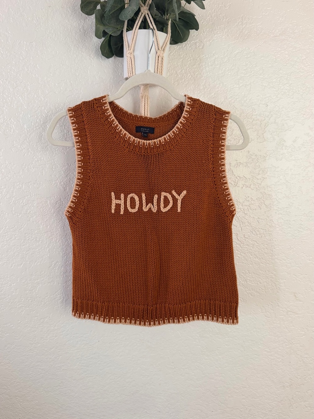 debut Rust Knit 'HOWDY' V-Neck Sweater Vest with Cream Trim